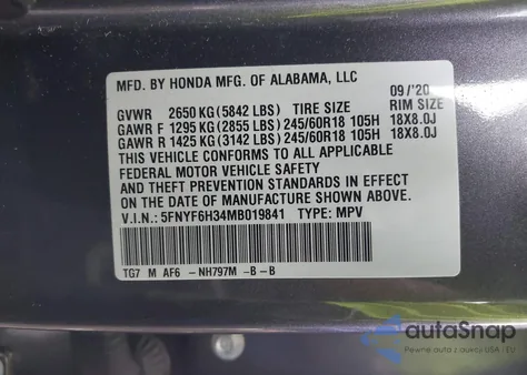 2021 Honda Pilot Awd Ex из США, поврежденный, VIN 5FNYF6H34MB019841